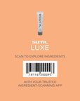 Sutil Luxe on an orange background with barcode