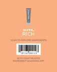 Sutil Rich product on a peach background with a barcode and text.