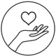 Black line drawing of a hand holding a heart symbol inside a circle on a white background