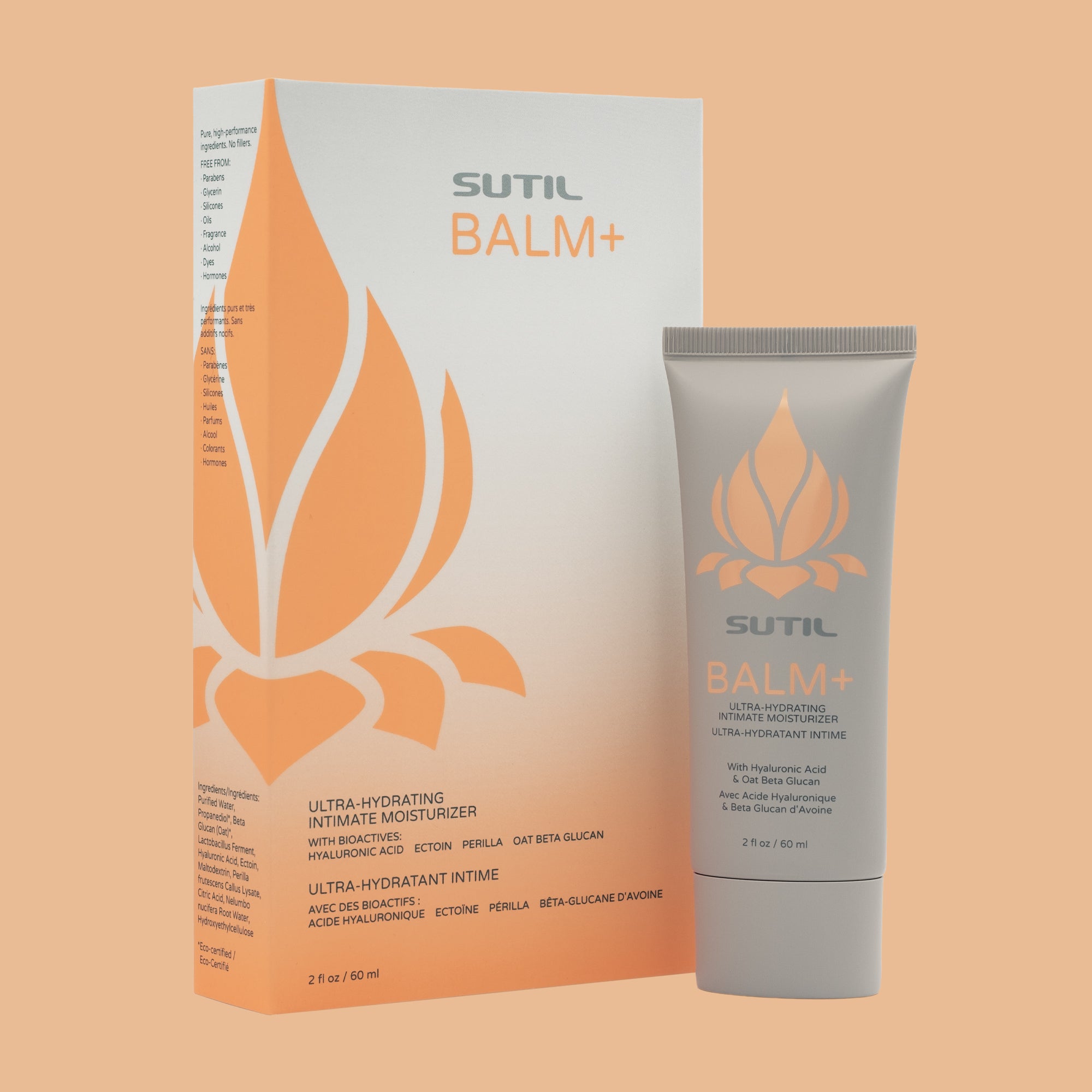 SUTIL Balm+ packaging and tube on a peach background