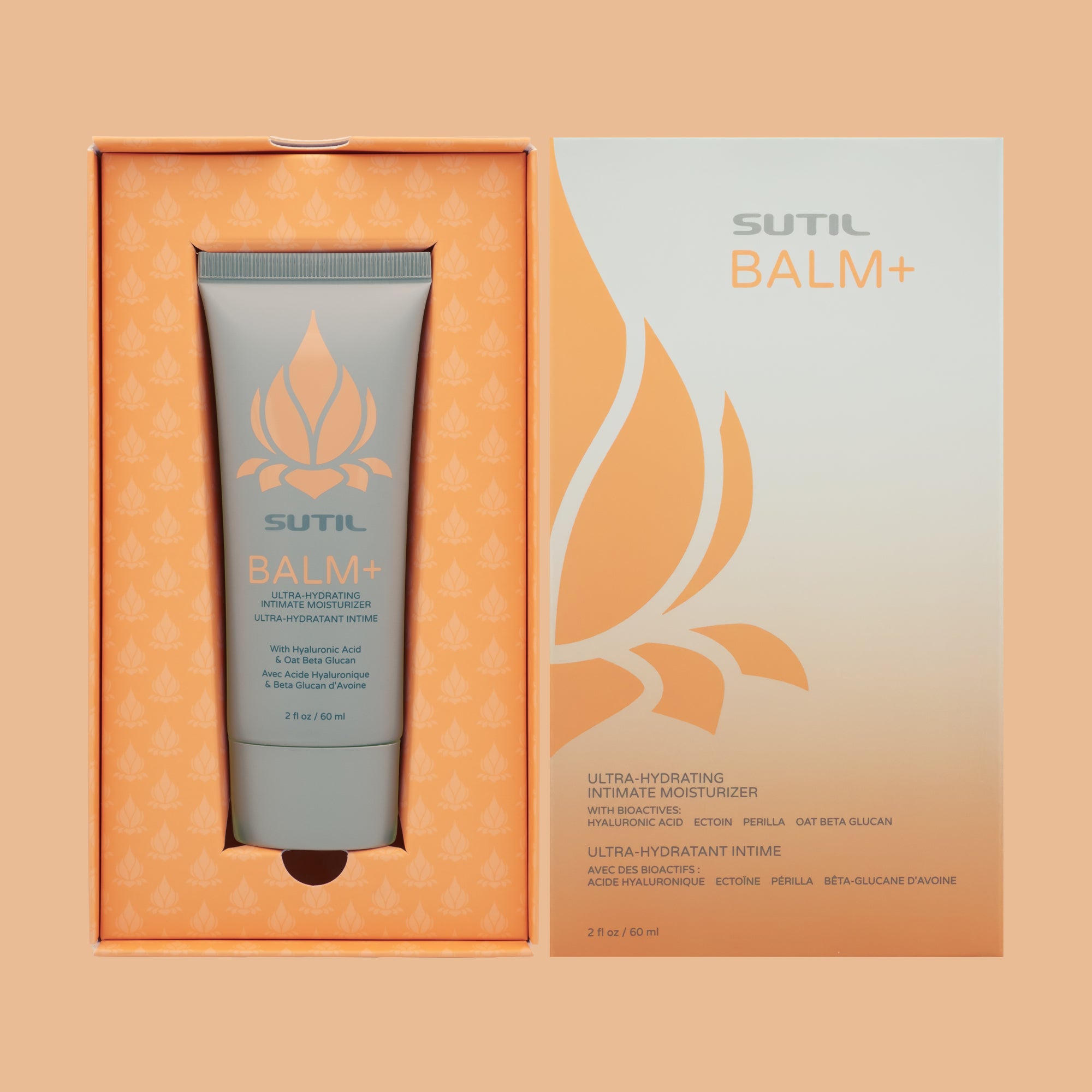 SUTIL Balm+ tube and packaging on a peach background
