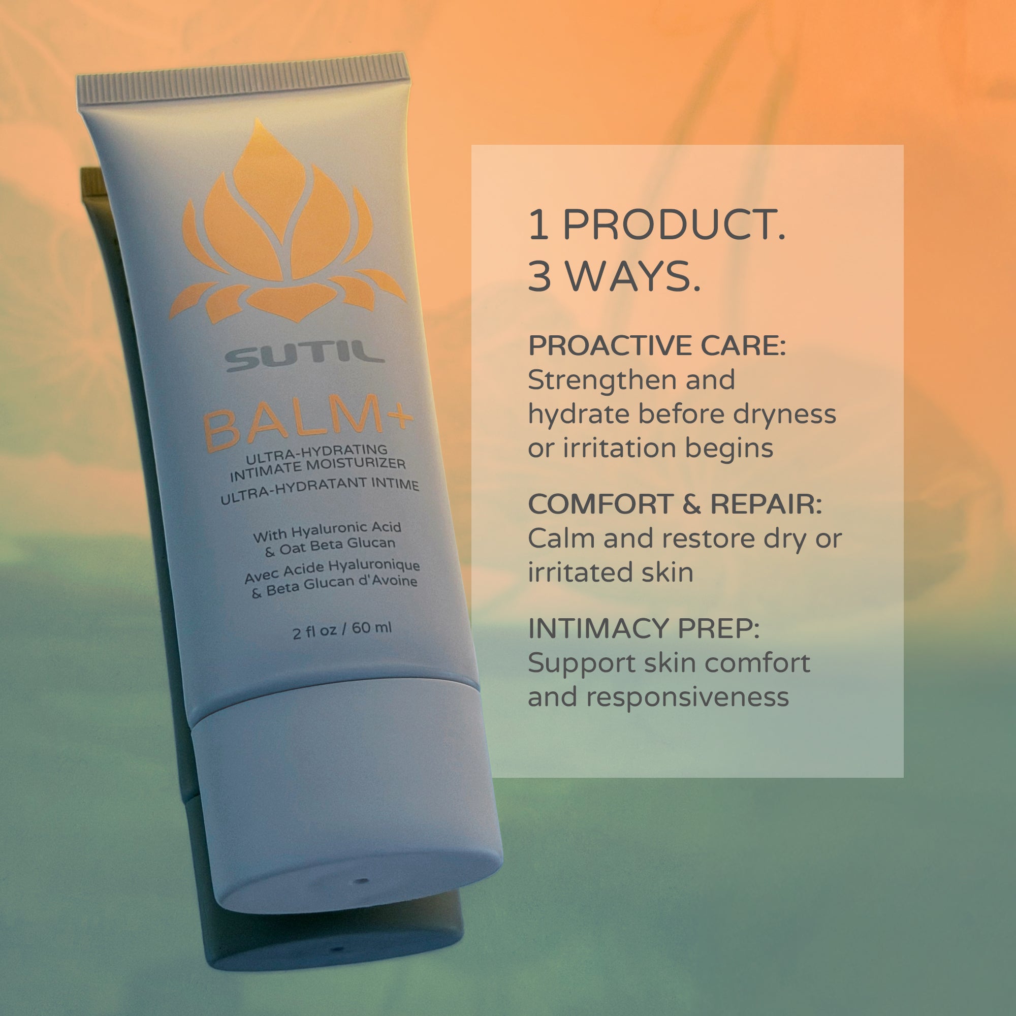 SUTIL balm tube with product usage instructions on a gradient background
