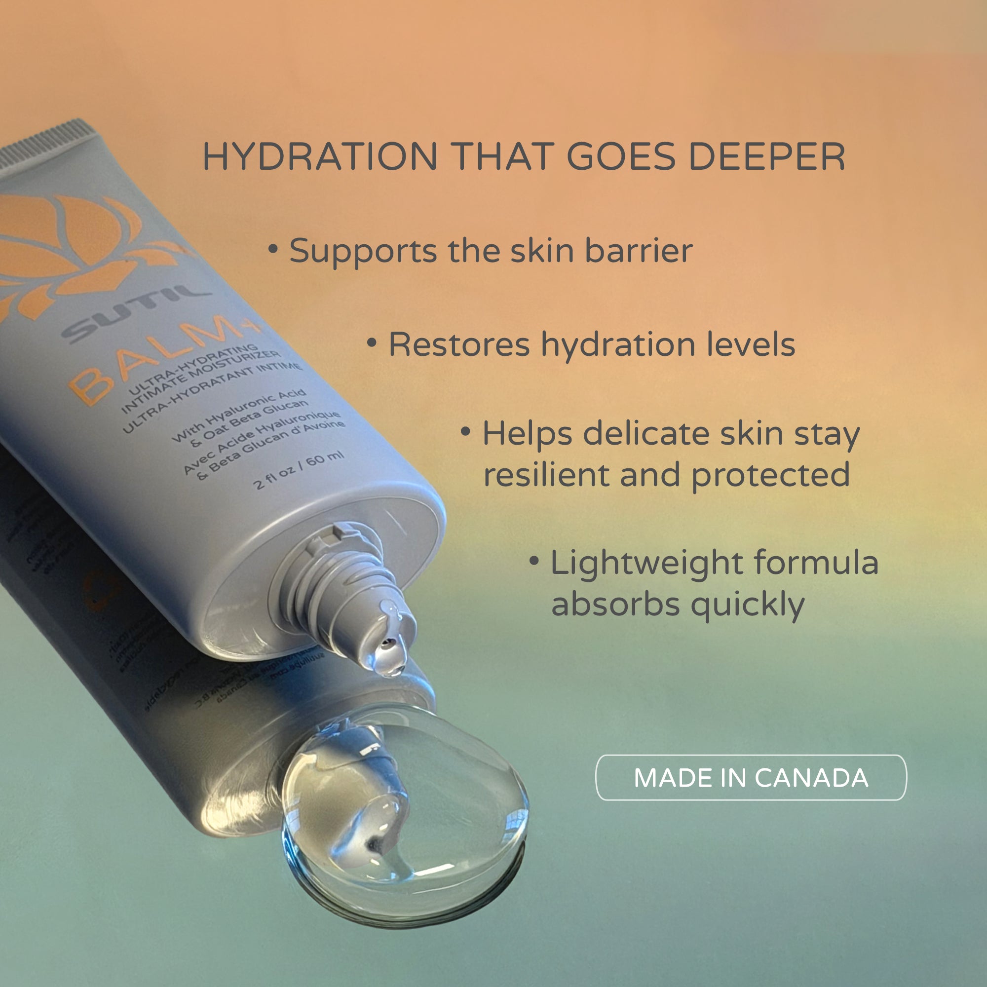Sutil balm tube with product details on a gradient background