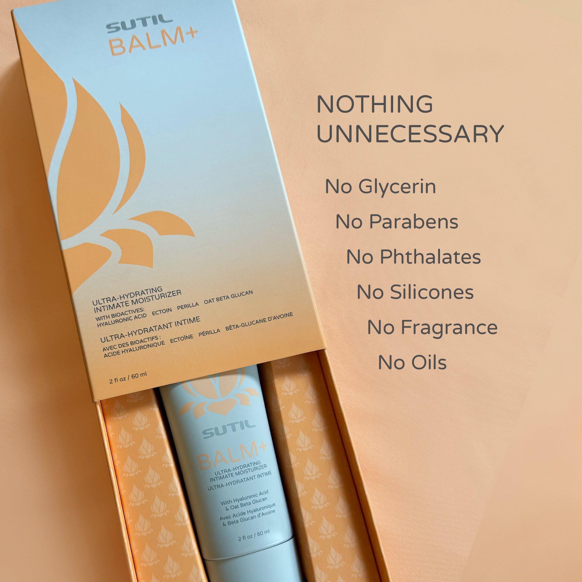 SUTIL Balm+ packaging with product and list of ingredients on a beige background