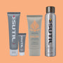 SUTIL intimate care products including a lube, balm, and massage oil on an orange background