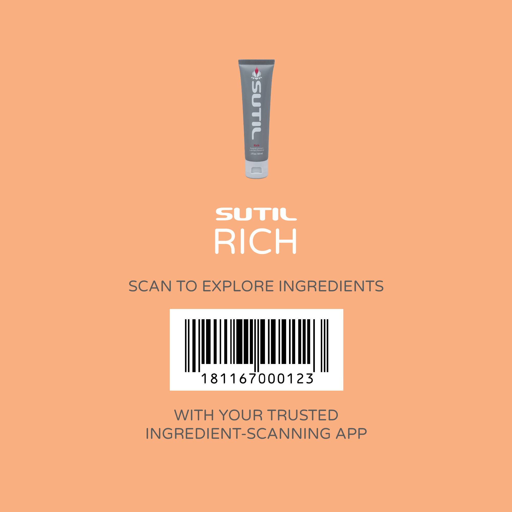 Sutil Rich product on a peach background with a barcode and text.